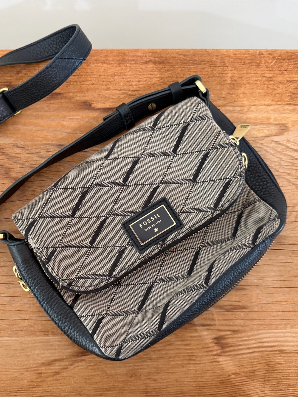 Fossil Preston Canvas Leather Crossbody Bag Expandable Bottom Purse Grey Black